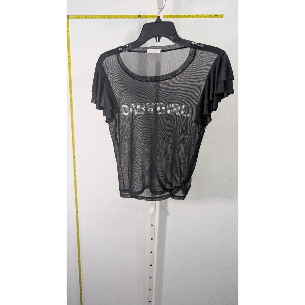 Occasion Black Sheer Mesh Babygirl Rhinestone Ruffle Sleeve Top Y2K Style